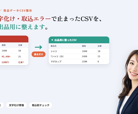CSV整形｜列ズレ・文字化け・取込エラーを直します 列ズレ・文字化け・取込エラーのCSV、送るだけで整えます イメージ1