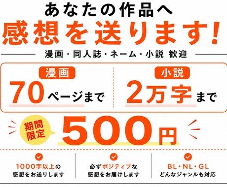 あなたの作品に2日以内で全力で感想をお送りします 一次創作・二次創作・ BL・NL・GL・ネームOK イメージ1