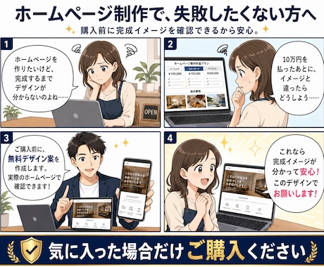 ご購入前にホームページの無料デザイン案を作成します 無料デザイン案を見て、気に入った場合のみご購入いただけます！ イメージ2