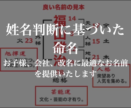 苗字と画数から最適なお子様の命名行います 徳川家康のように天下統一した名前と同様の効果を持つ名前を選定 イメージ1