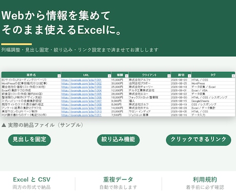 Web情報を集めてCSV・Excelにまとめます 必要な項目を集めて使いやすい表に整えます イメージ1