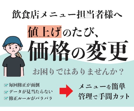 飲食店メニューの価格変更・更新をサポートします 飲食店メニューの値上げ・商品変更にすぐ対応します! イメージ1