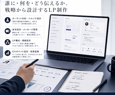 営業×マーケ視点でLP構成から制作します 「誰に」「何を」「どう伝えるか」まで整理してLP化します。 イメージ2