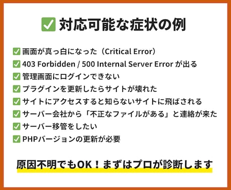 WordPressの真っ白画面やエラーを解決します セキュリティ専門家が対応・マルウェア・改ざんも即日対応可 イメージ2