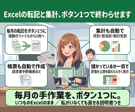 Excelの転記と集計を自動化します 毎月の手作業を、ボタン1つで終わる形にします イメージ1
