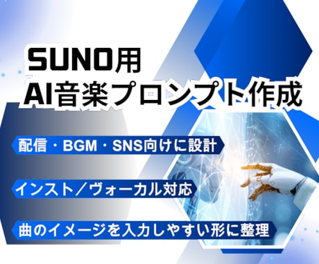 Suno用AI音楽プロンプト作ります 配信・BGM向けに曲の方向性を設計 イメージ1