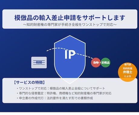 模倣品の輸入差止申請をサポートします ～知的財産権の専門家が手続き全般をワンストップで対応～ イメージ1
