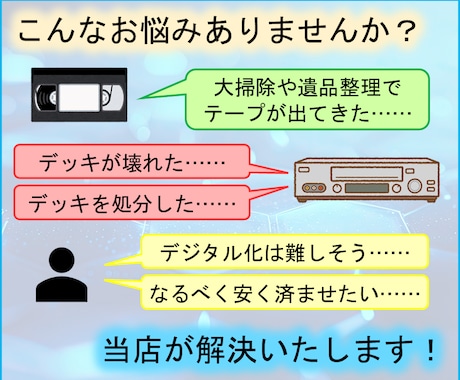 ビデオテープ デジタル化 ダビング データ化します VHS ベータ 8ミリ MiniDV 変換 保存 スマホで イメージ2