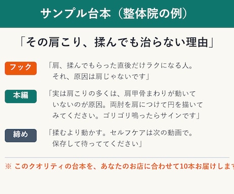 お店の集客ショート動画の台本10本作ります ネタ切れ解消。撮るだけで投稿できる台本+投稿文セット イメージ2