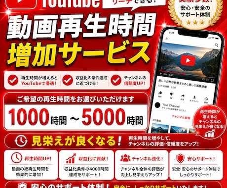 YouTube動画再生を1000時間増加させます 嬉しい30日間の補填保証付き！オプション購入でもっとお得に！ イメージ1