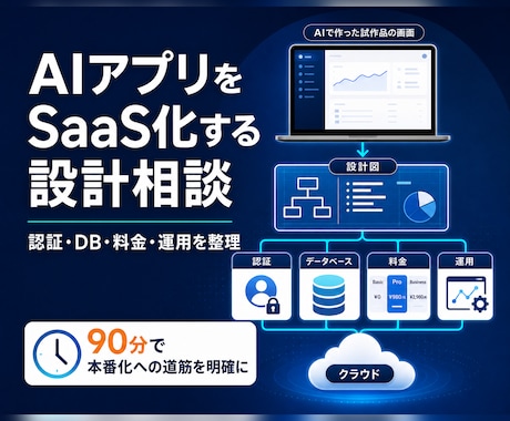 AIで作ったアプリをSaaS化する設計を整理します AIで作った試作品を、事業化させる設計を一緒に整理します。 イメージ1