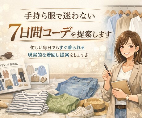 手持ち服で迷わない7日間コーデを提案します 忙しい毎日でもすぐ着られる現実的な着回し提案をします♪ イメージ1