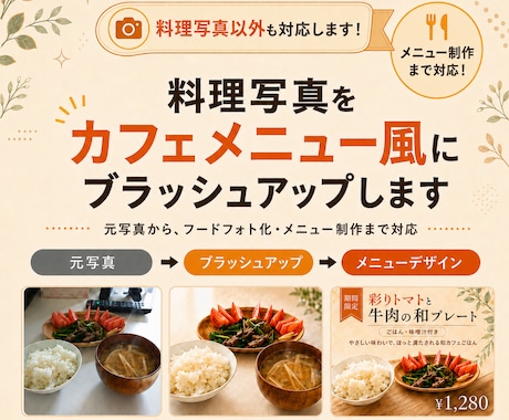 料理写真をカフェメニュー風に仕上げます 料理写真以外もＯＫ！写真補正から販促デザインまで対応します イメージ1