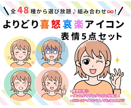 商用OK★喜怒哀楽表情5点 セット作成します SNSや吹き出しアイコンに♪バリエーション豊富で使い道多数！ イメージ1