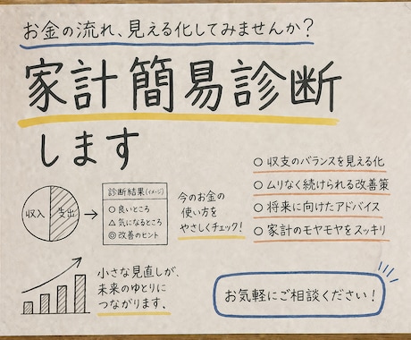 家計の不安を整理する簡易診断を行います 1級FPが現状を整理し、改善のヒントをお伝えします イメージ1