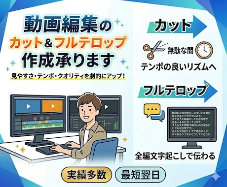 動画編集のカット＆フルテロップ作成承ります YouTubeなどの面倒な文字起こし・カットはお任せください イメージ1