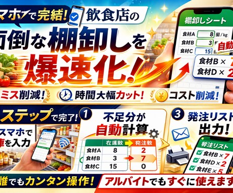 スマホで完結！飲食店の面倒な棚卸しを爆速化します 入力するだけ！不足分が自動でリスト化される魔法のシートです。 イメージ2