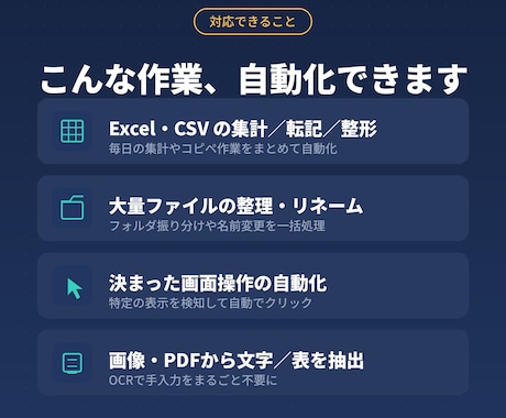 業務効率化 Excel・繰り返し作業を自動化します 毎日の手作業、まるごと自動化。環境構築不要のツールでお渡し イメージ2