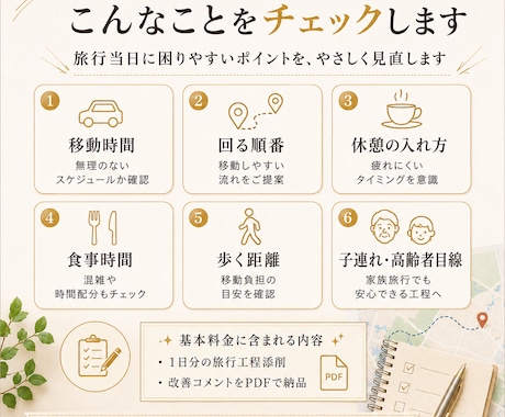10年以上の添乗員目線で旅行工程をチェックします 移動時間・順番・休憩・子連れ高齢者目線で添削します イメージ2
