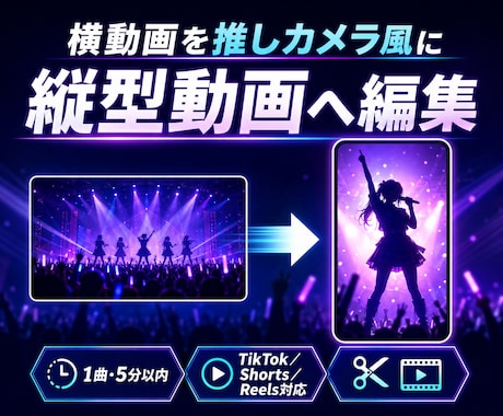 ライブ映像を推しカメラ風に編集します 横動画から推しを追う縦型動画を制作します イメージ1