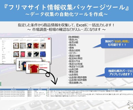 フリマサイトの「情報収集ツール」を販売します 商品情報をExcel出力する「パッケージツール」販売します！ イメージ1