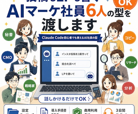 投稿もLPも書くAIマーケ社員6人の型を渡します Claude Code初心者でも使えるAI社員の型 イメージ1