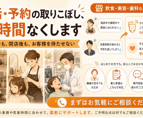 電話・予約の取りこぼし、24時間なくします 忙しくても営業時間外でも、電話と予約を逃しません イメージ1