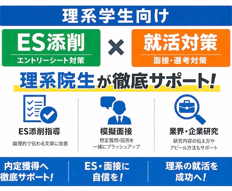 理系学生の就活対策｜ES添削・面接対策します ES通過率を一気に引き上げ、最短で内定に近づく対策 イメージ1
