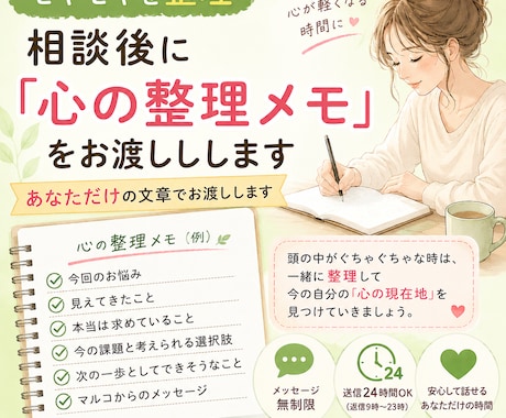 モヤモヤを整理｜心の整理メモをお渡しします 話して終わらない。一緒に心を整理して、心を見える化します。 イメージ1