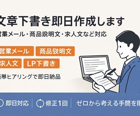 即日対応：文章の下書きなどを即日作成します ヒアリング後、当日〜24時間以内に文章のたたき台を作成します イメージ1
