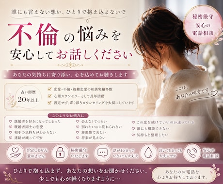 不倫の苦しみ、誰にも言えない想いをお聴きします 不倫・複雑恋愛・既婚者同士あなたのお気持ちに寄り添います。 イメージ1