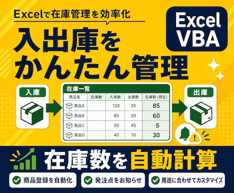 在庫・入出庫管理ツールをExcelで作成します 商品登録・在庫計算・発注アラートまで自動化 イメージ1