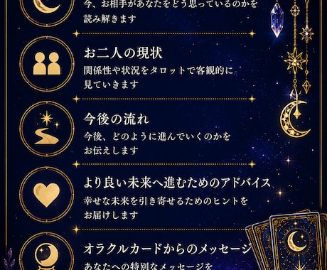 あの人の気持ちをタロットで丁寧に鑑定します あの人の本音を、タロットが優しく読み解きます。 イメージ2