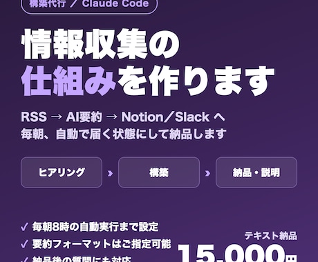 情報収集を自動化する仕組みを構築します RSS→AI要約→Notion／Slackへ毎朝自動投入 イメージ1