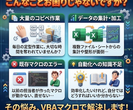 Excelマクロ・VBAで面倒な業務を自動化します 壊れにくく・引継ぎやすい品質！丸投げ・ざっくりご相談も大歓迎 イメージ2