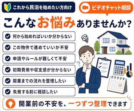 民泊開業前の不安をまとめて整理、サポートします 物件選び・申請・収支・始め方まで、開業前の疑問を整理します イメージ2