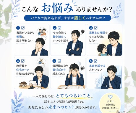 仕事・転職・家庭の悩みを整理します 一人で抱えず、本音を話して心を軽くしませんか？【有資格者】 イメージ2