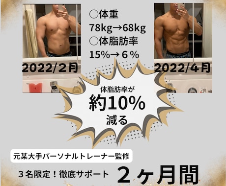 元某大手トレーナーが−◯◯kg落とすのを協力します 結果を手に入れましょう！！お食事や運動手厚くサポート イメージ1