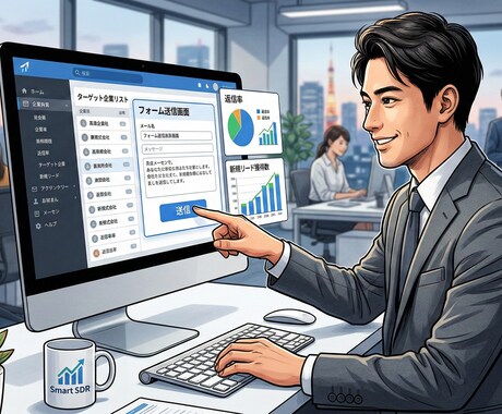 ターゲットに最適化した文面のフォーム送信代行します 貴社に代わり、プロが自律的に新規リードを開拓します。 イメージ1