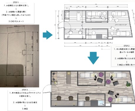 手書き図面をCADデータ化します 平面図や展開図を図面化し、色などをつけ魅力的な物にします。 イメージ2