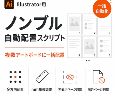 Illustratorのノンブル作業を自動化します 複数アートボードのどこにでも一括配置できるスクリプトです！ イメージ1