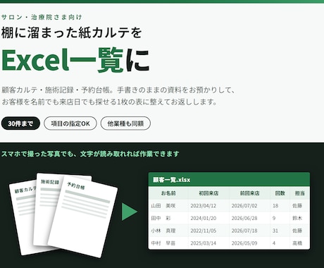 サロンの紙カルテをExcelにまとめます 顧客カルテ・施術記録・予約台帳の一覧表づくりを代行 イメージ1