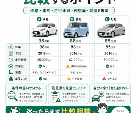 中古車候補3台をプロ目線で比較します 価格・故障リスク・条件を比べておすすめ順に整理します イメージ2