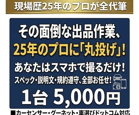 中古車の面倒な出品データをプロが丸ごと作成します カーセンサー・グー対応。25年の経験で入力の苦痛をゼロに イメージ1