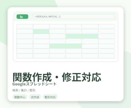 スプレッドシートの関数作成・修正に対応します やりたいことを整理し、関数での実現方法を案内します イメージ1