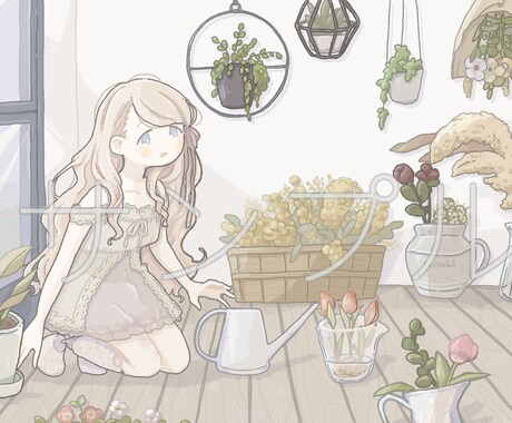 淡い雰囲気の背景つき人物イラストを描きます 配信動画への使用やグッズ作成などに。商用利用可 イメージ1