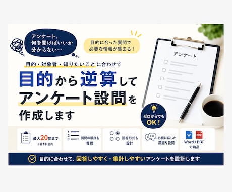 目的に合わせたアンケート設問を作成します 質問ゼロからOK｜設問・選択肢・順番まで設計 イメージ1
