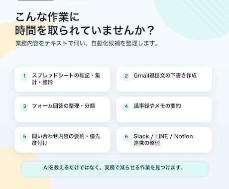 その手作業、AIで減らせるか仕分けします ！削れる作業と実装順をレポート化します イメージ2