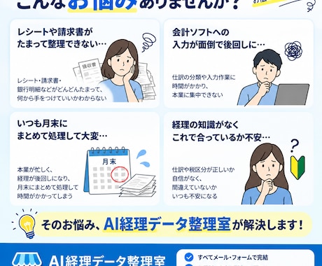 AI×人でレシート・請求書を経理データに整理します 税務判断は行わず、データ整理だけに集中します イメージ2