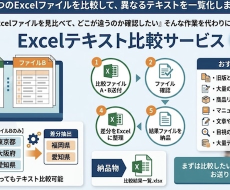 違うテキストだけを一覧化します Excel/Wordファイル2つのテキストの違いを比較します イメージ1